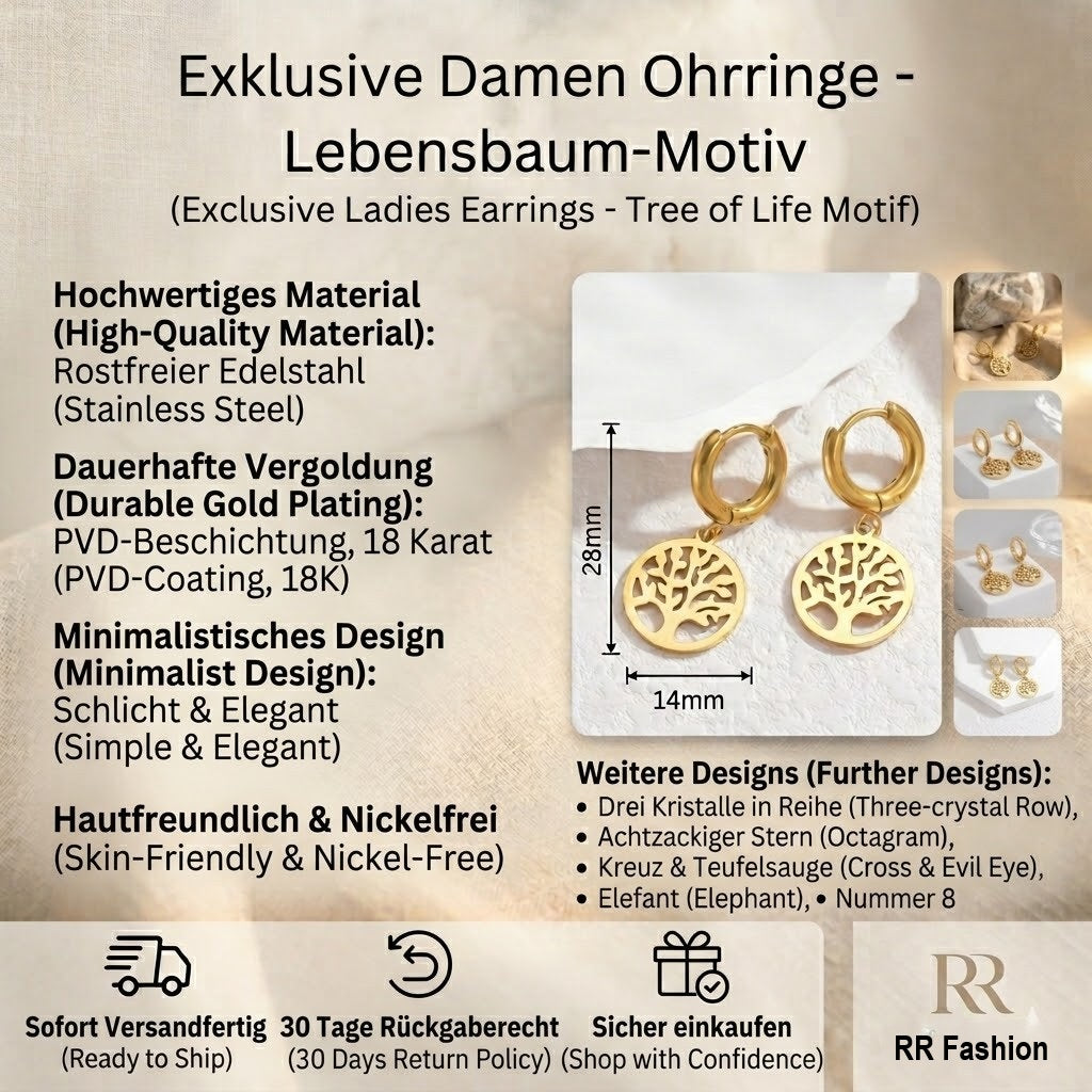 Lebensbaum Earrings Tree of Life Stainless Steel Gold Plated 18K Damen RR Fashion