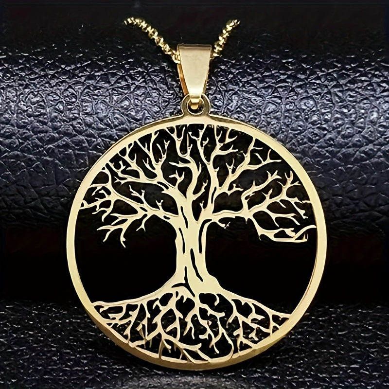 Lebensbaum Halskette Gold vergoldet Edelstahl Anhänger Detail dunkler Hintergrund