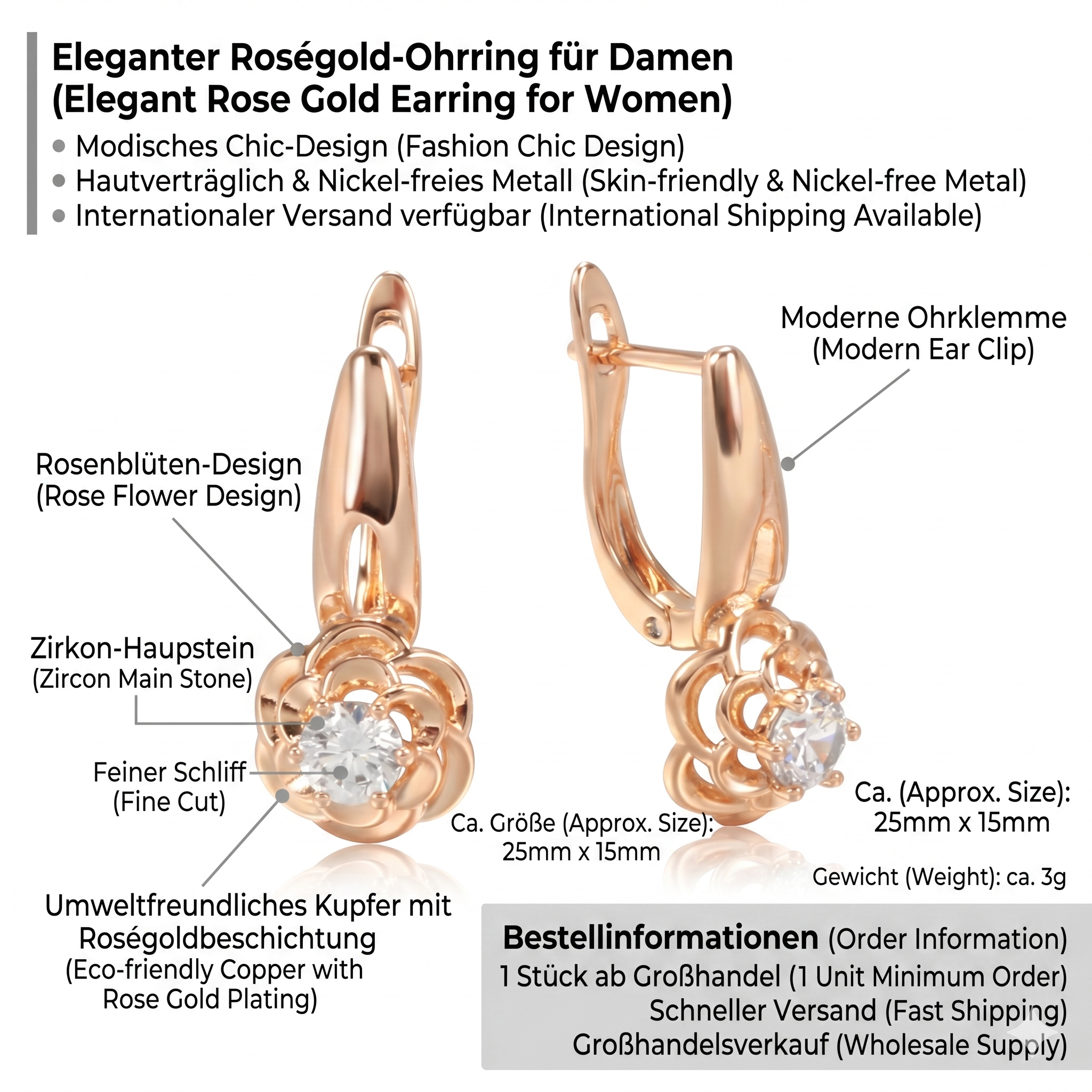 Blumen Ohrhänger Roségold Klappverschluss Zirkonia Infografik Maße