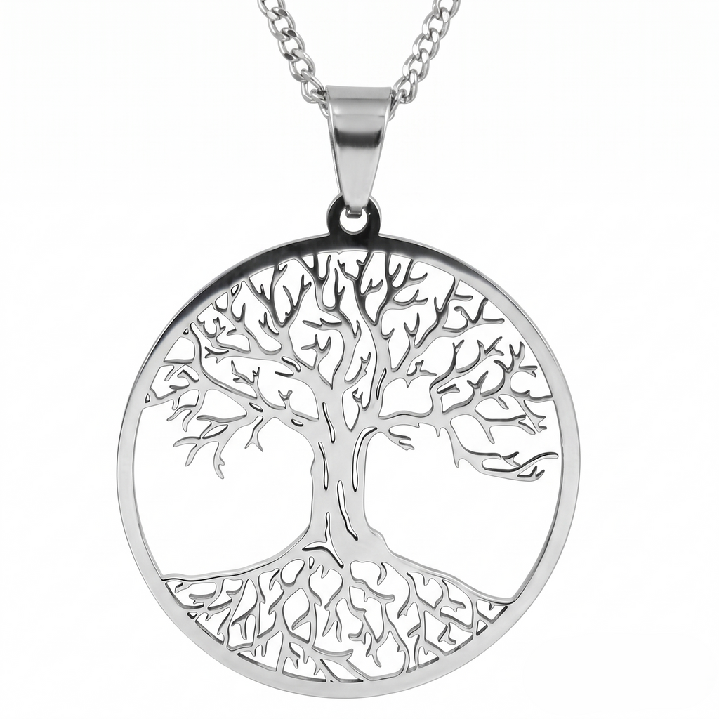 Lebensbaum Halskette Damen Edelstahl Silber Baum des Lebens Anhänger 35mm RR Fashion