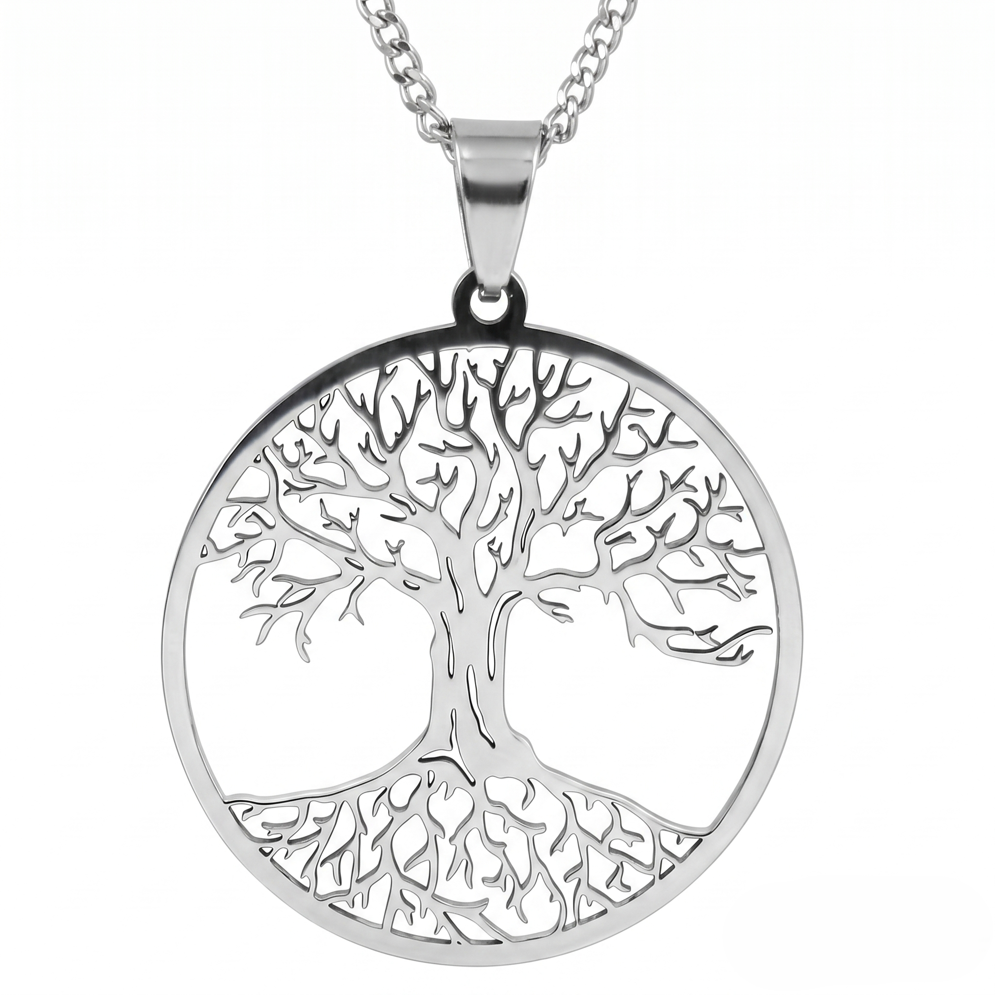 Lebensbaum Halskette Damen Edelstahl Silber Baum des Lebens Anhänger 35mm RR Fashion