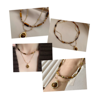 Zweireihige Perlenkette mit Tigerauge Anhänger, elegante vergoldete Edelstahlhal1