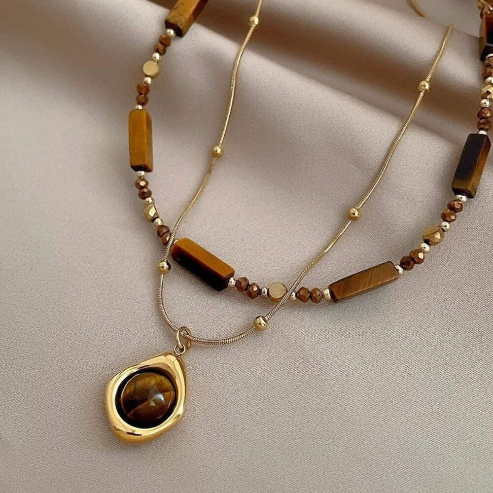 Zweireihige Perlenkette mit Tigerauge Anhänger, elegante vergoldete Edelstahlhal13