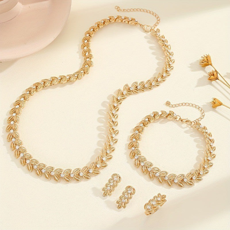 Schmuckset Damen Gold Halskette Armband Ohrringe Ring Strass Elegant Geschenk H1