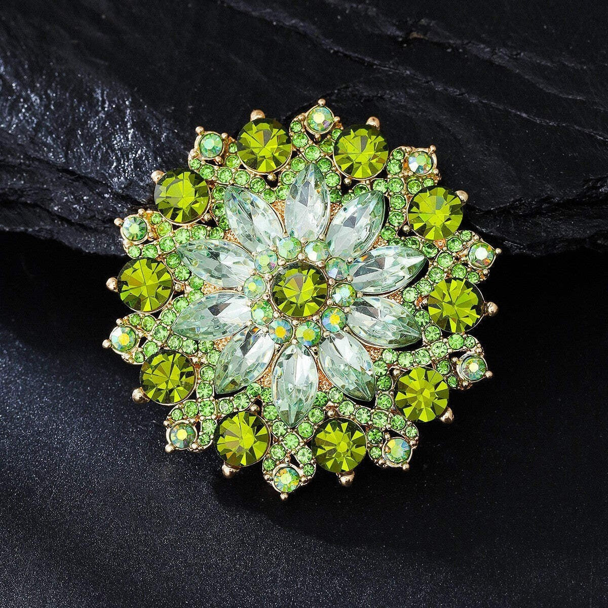 Grüne Strasssteine Sonnenblumen Damen Brosche5