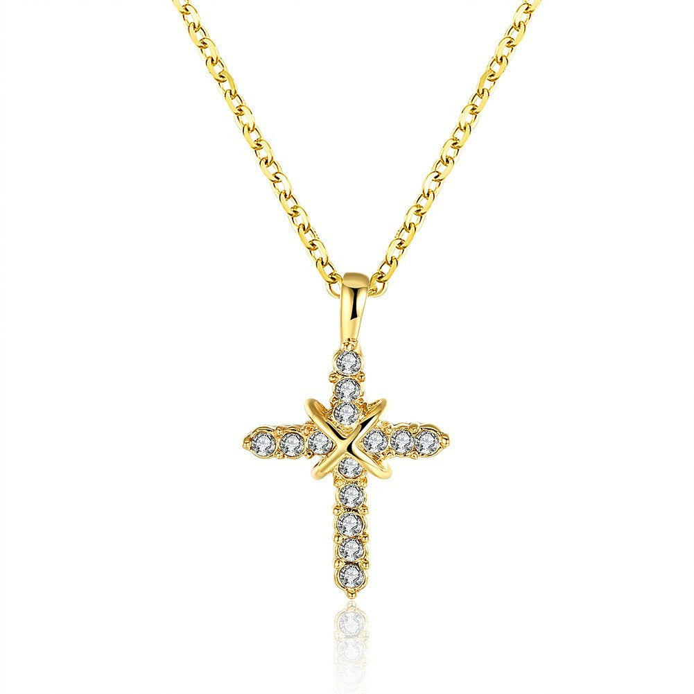 Luxus Damen Kette Kreuz Anhänger Weiß Kristall 18K Vergoldet Kette länge 45+5cm7