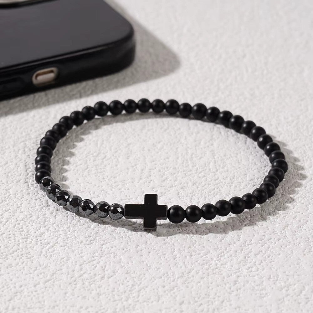 Armband Naturstein Achat  Kreuz Jesus Herren Damen Unisex Trend schwarz matt4