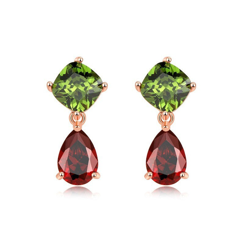 Eleganter Damen Ohrringe Ohrstecker Charm Grüner Peridot Roter Granat Rosé Gold4