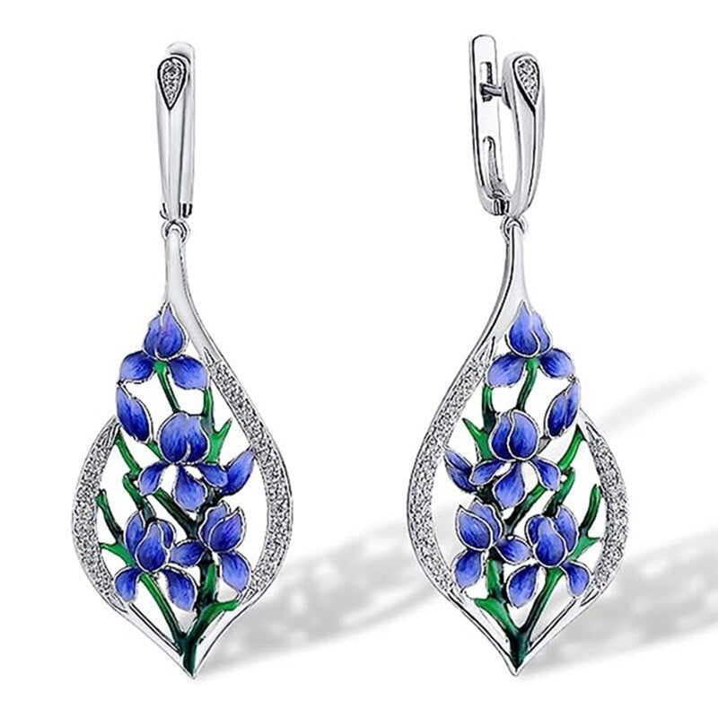 Blaue BlumenOhrringe für Damen White Gold lange Ohrringe für Frauen mit Emaill7