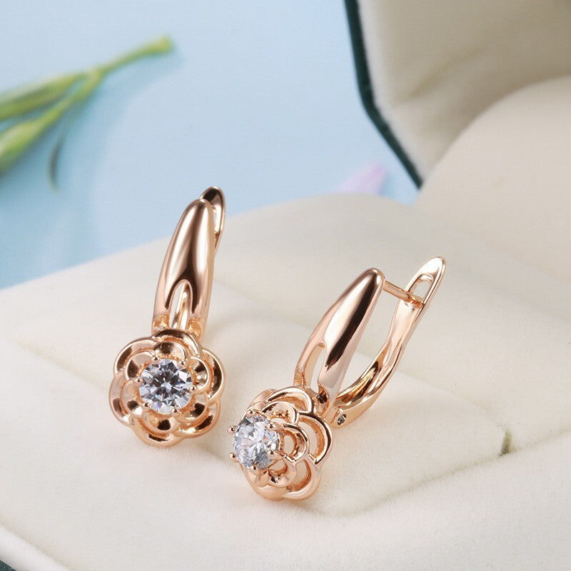 Luxus Damen Ohrringe Blumen 585 Roségold Walzgold Weißer Zirkon Design2