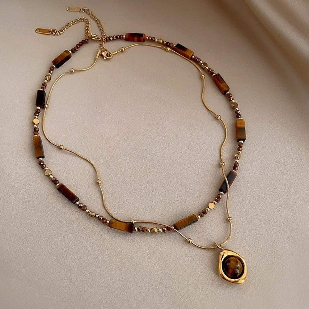 Zweireihige Perlenkette mit Tigerauge Anhänger, elegante vergoldete Edelstahlhal9
