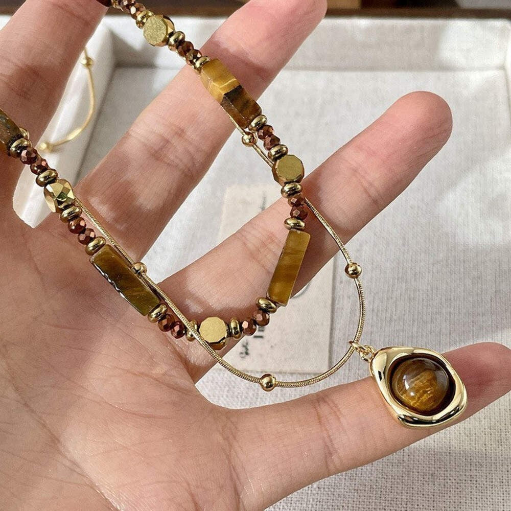 Zweireihige Perlenkette mit Tigerauge Anhänger, elegante vergoldete Edelstahlhal6