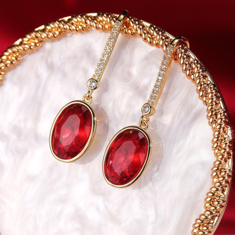 Damen Ogrringe Gold schlichte ovale rote ZirkonOhrringe, vielseitige Ohrringe2