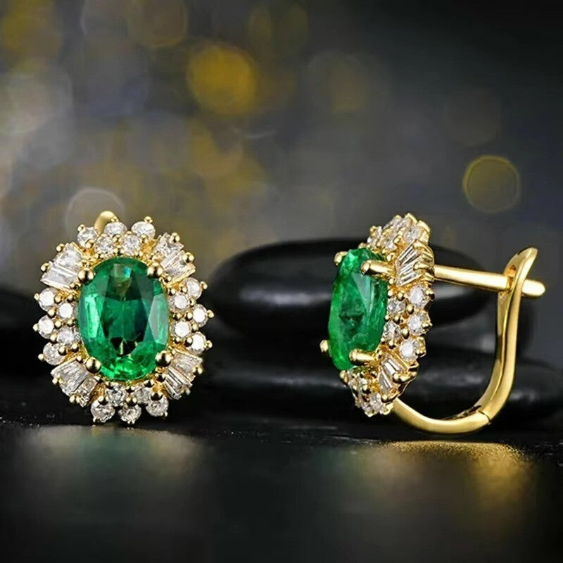 Luxus Ohrringe Creole mit BlumenDesign, oval, grüner Kristall Gold 18K vergold2