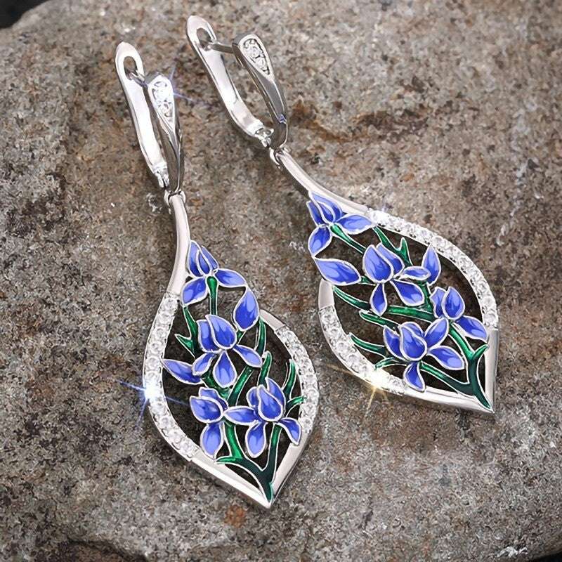 Blaue BlumenOhrringe für Damen White Gold lange Ohrringe für Frauen mit Emaill6