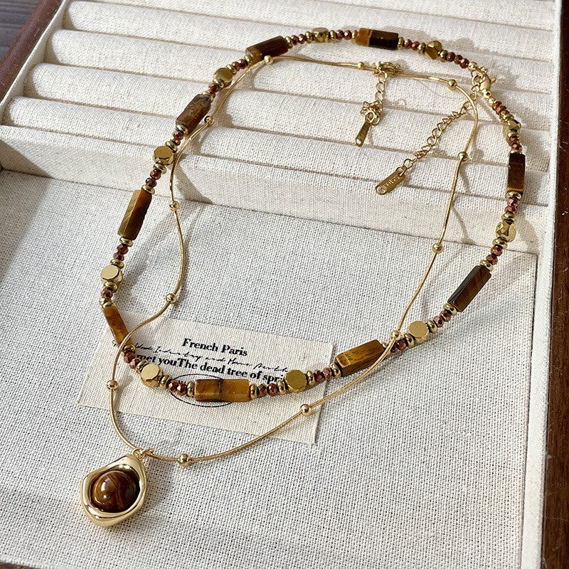 Zweireihige Perlenkette mit Tigerauge Anhänger,Elegante Gold Halskette Edelstahl12