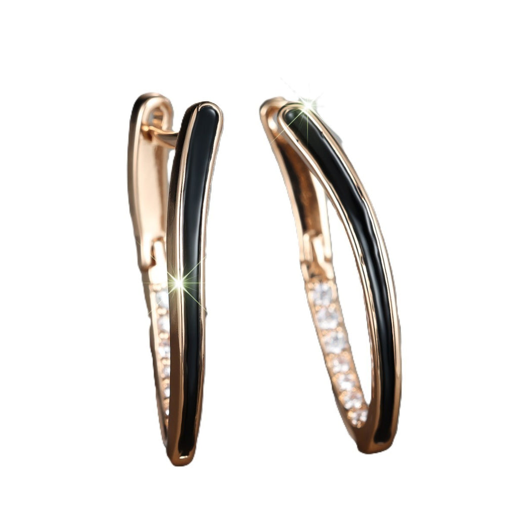 Damen Ohrriinge Champagner Gold Vförmigem Design weißen Diamanten schwarzem6
