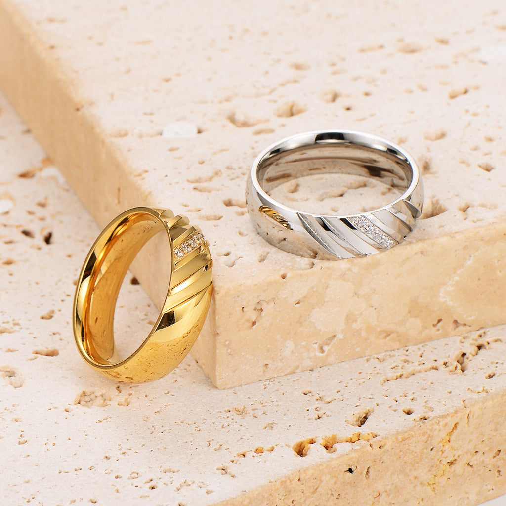 Goldener und silberner Bandring mit Zirkonia, moderne Schmuckringe für Damen und Herren
