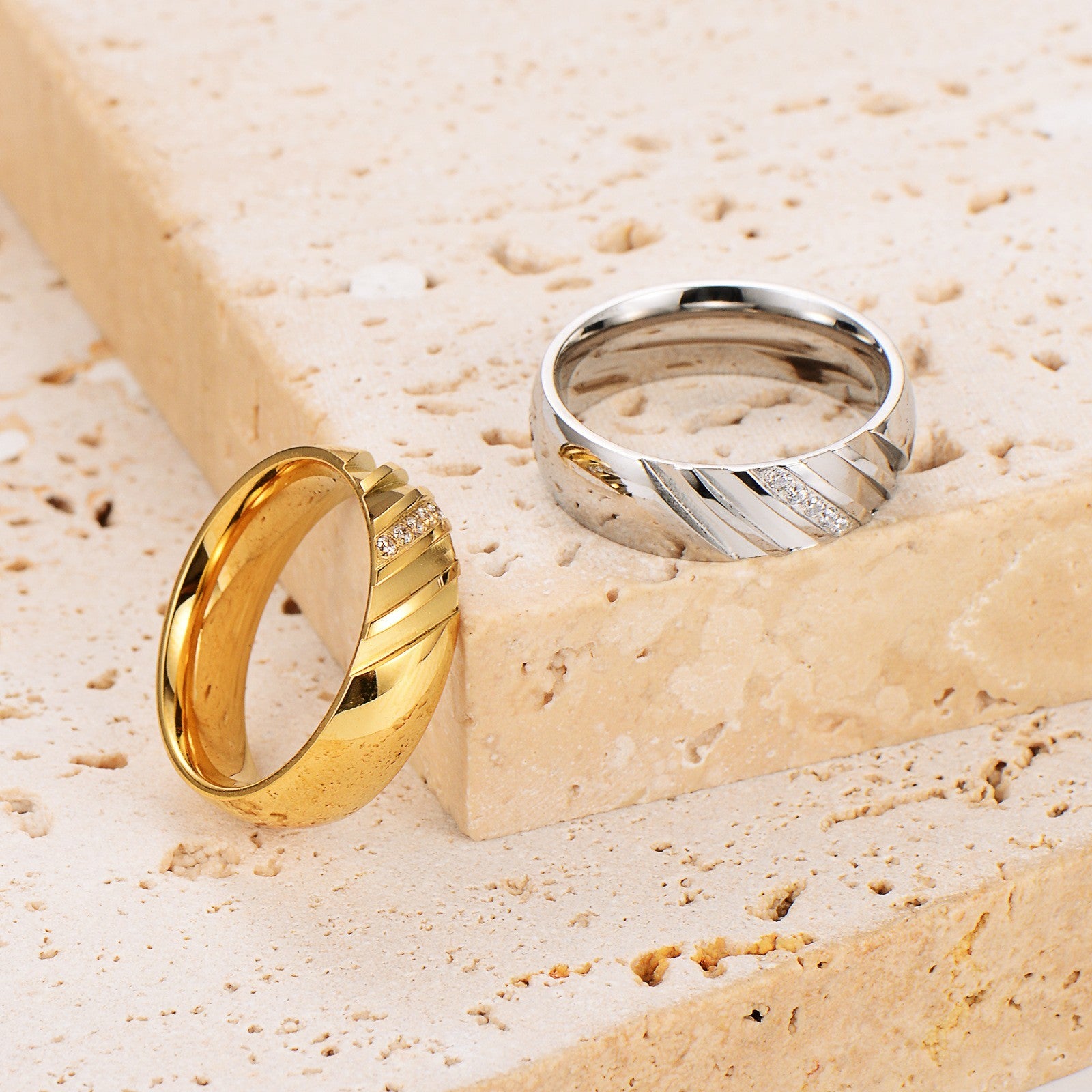 Goldener und silberner Bandring mit Zirkonia, moderne Schmuckringe für Damen und Herren