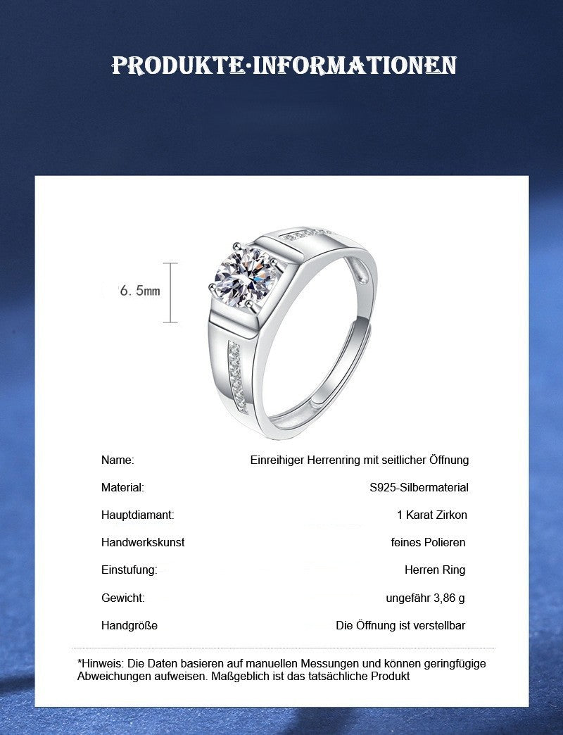 925 Sterling Silber Herren Ring mit 1 Karat Zirkonia, Eheringe stilvolle verstel3