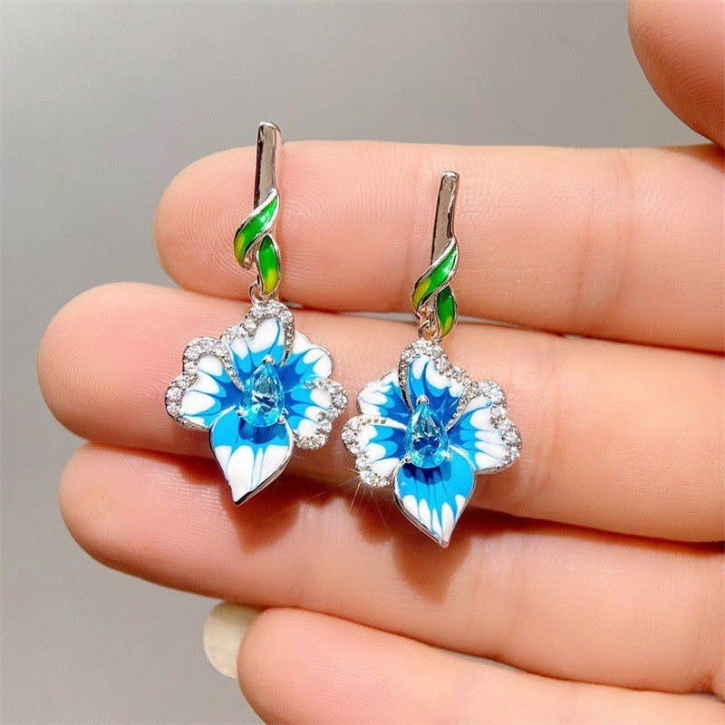 BlumenOhrringe Blau AAA Zirkon für Damen White Gold lange Ohrringe für Frauen m1