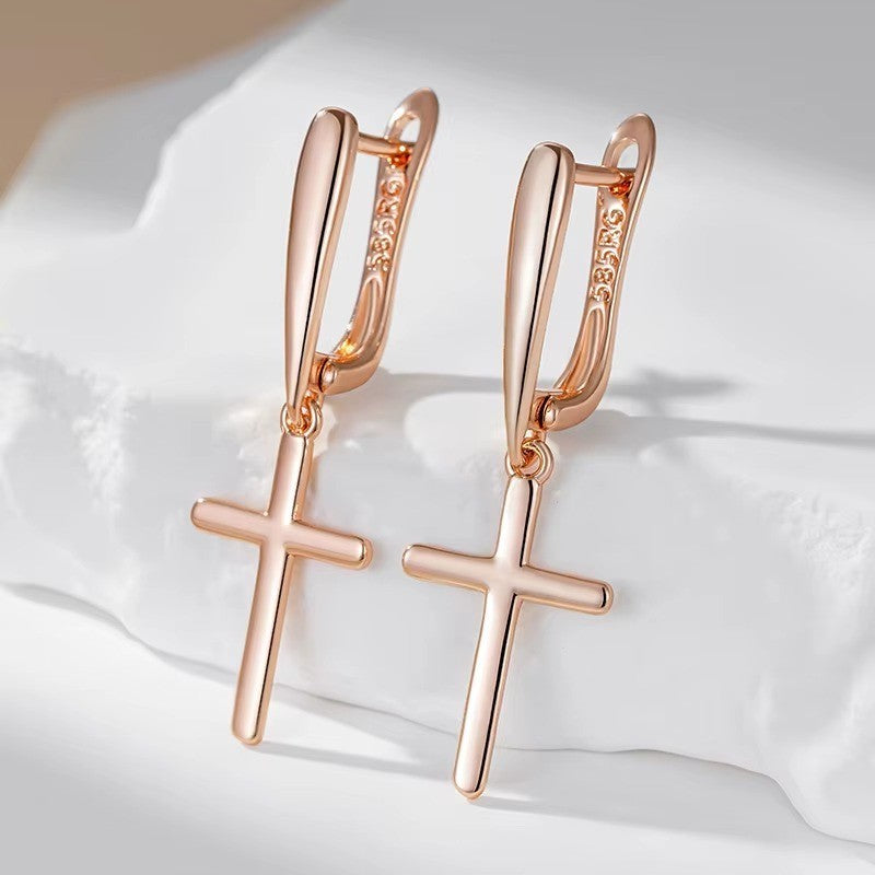 Damen Kreuz Ohrringe 585 Rosé Gold Farbe einfache Kreuz Ohrringe für Frauen5