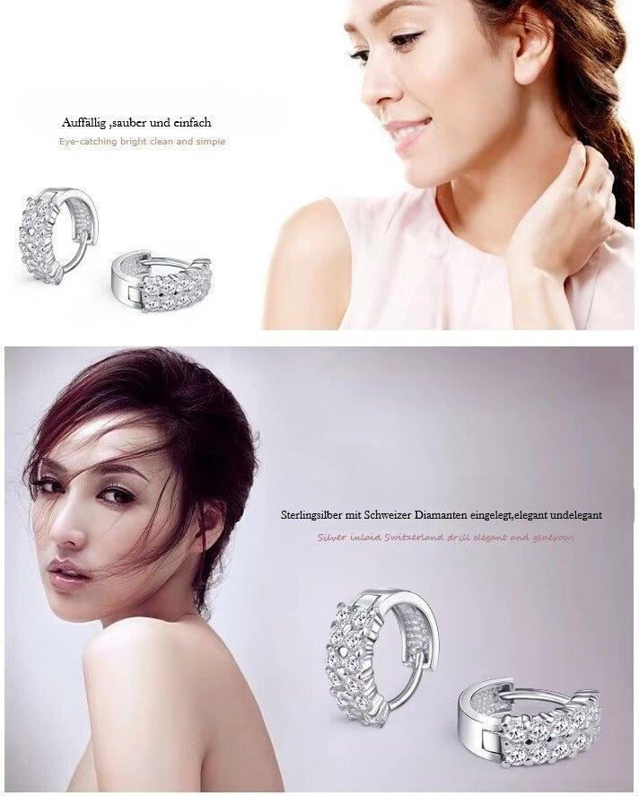 Damen Ohrringe Creolen 925 Sterling Silber Zweireihige Zirkon Hypoallergene Oh5