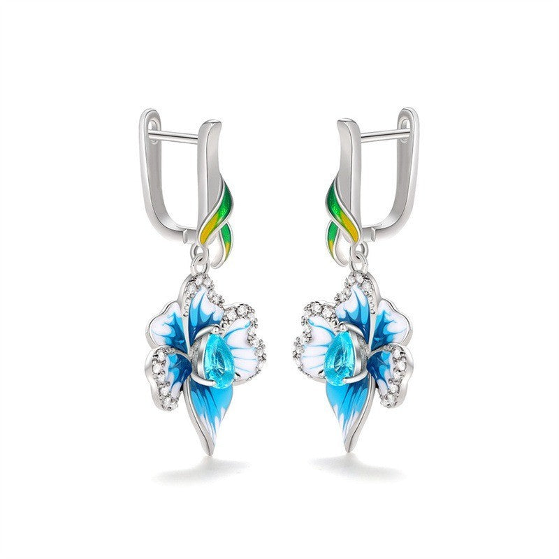 BlumenOhrringe Blau AAA Zirkon für Damen White Gold lange Ohrringe für Frauen m6