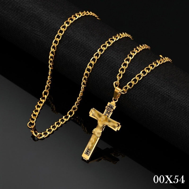 Gold Jesus Christus Kreuz Halskette Titanstahlkette, Legierungsanhänger Unisex0