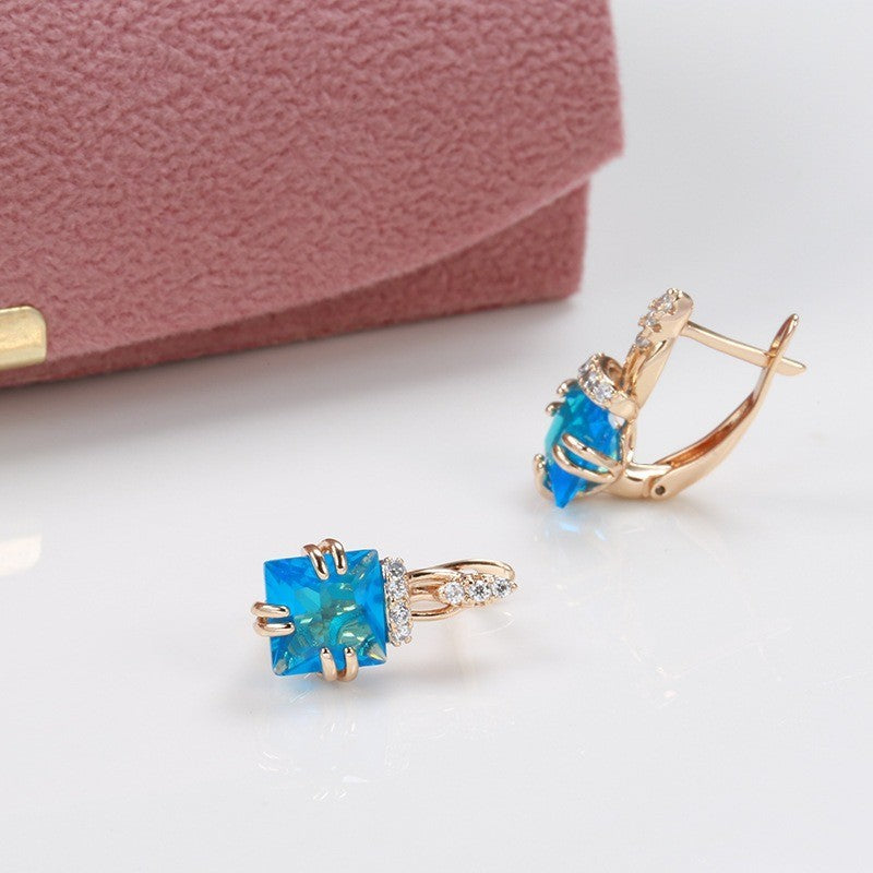 Luxus Damen Ohrringe 585RG Rosé Gold geometrische würfel blau zirkon ohr schnall3