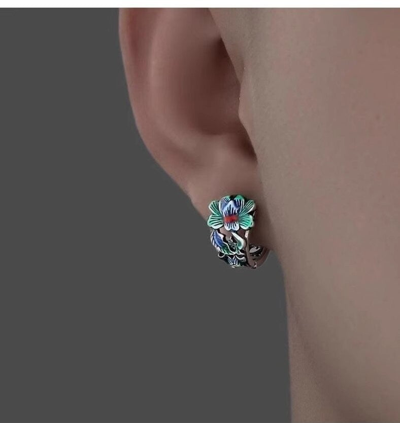 Herren Ohrringe Creole mit CloisonnéPfingstrosenmotiv, modisch und hochwertig,9
