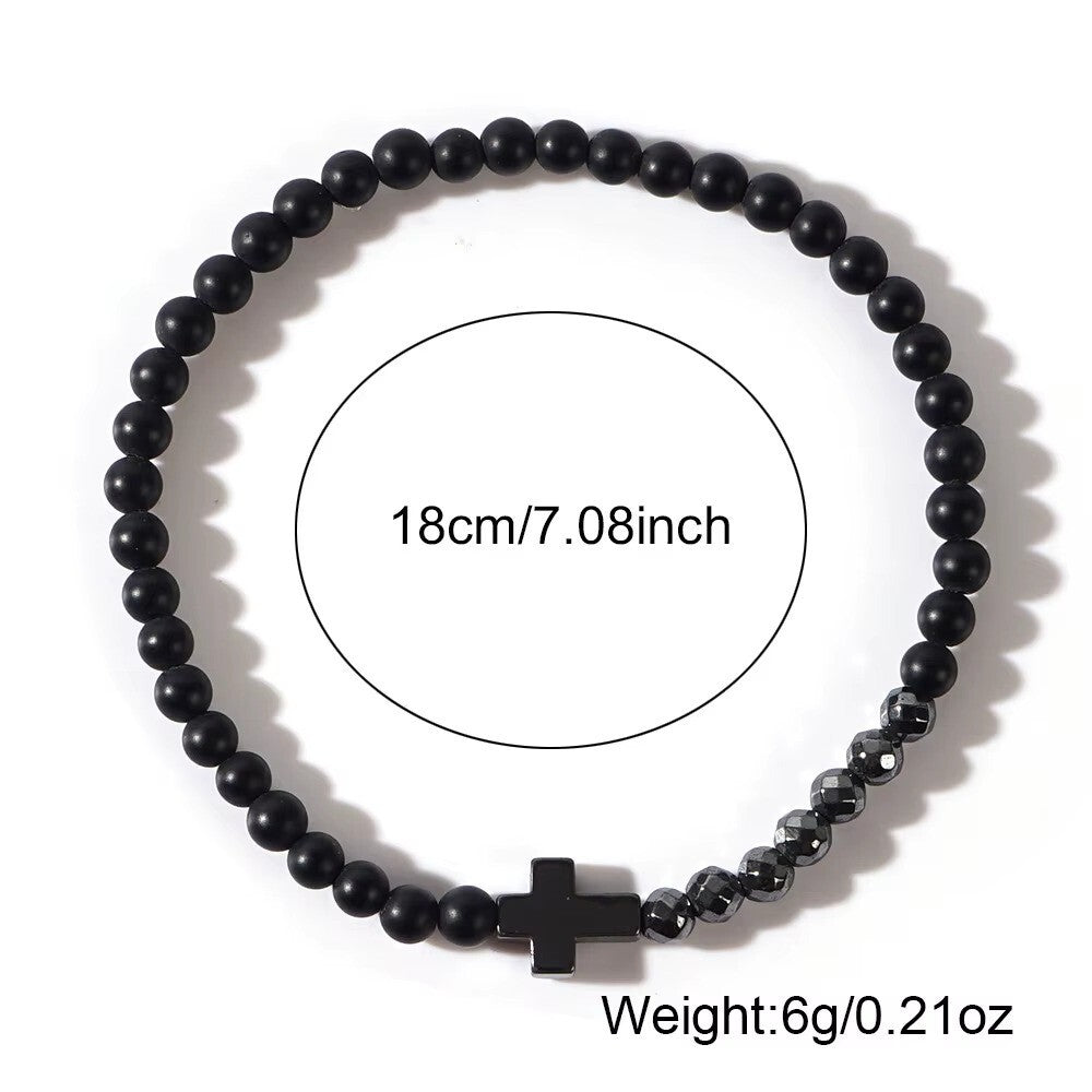 Armband Naturstein Achat  Kreuz Jesus Herren Damen Unisex Trend schwarz matt0