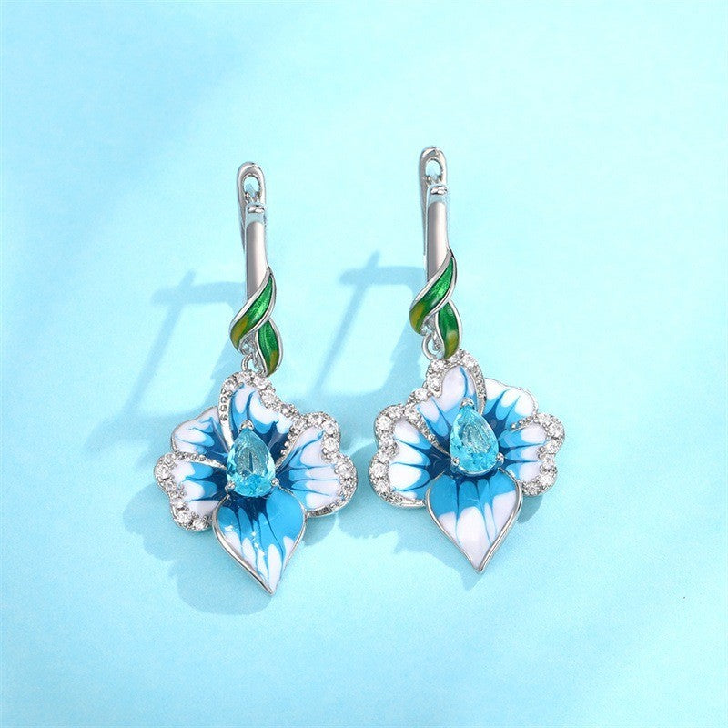 BlumenOhrringe Blau AAA Zirkon für Damen White Gold lange Ohrringe für Frauen m2