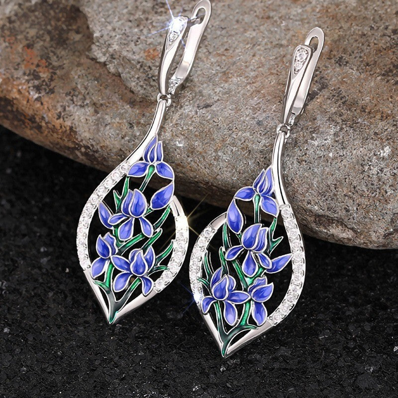 Blaue Blumen Ohrringe Damen Weißgold lang mit Emaille Design Schmuck0