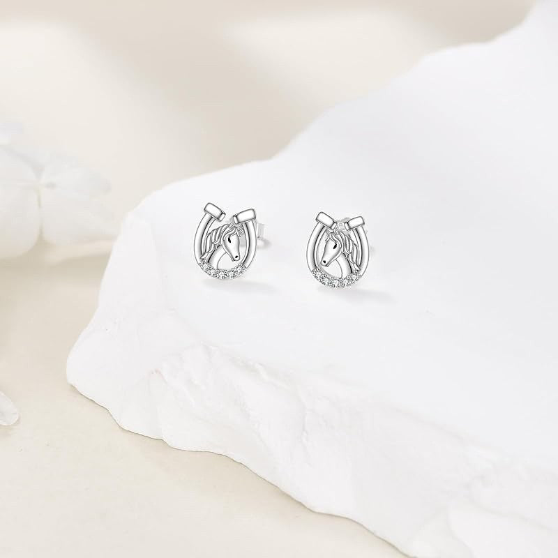 Damen Ohrringe Ohrstecker 925 Sterling Silber Hufeisen mit Pferdekopf6