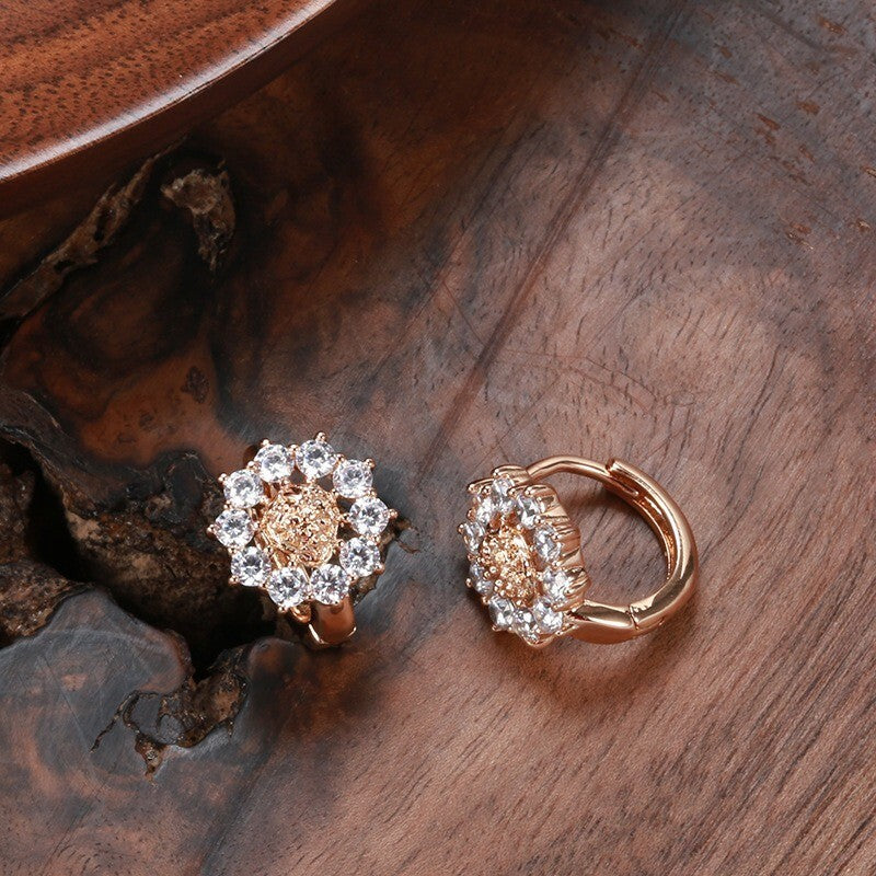 Luxus Ohrringe Creole Blume Zirkonia Kristall 585 Rosegold überzogen Geschenk D4