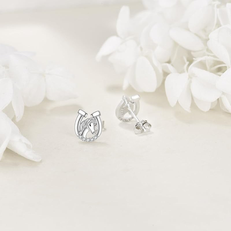 Damen Ohrringe Ohrstecker 925 Sterling Silber Hufeisen mit Pferdekopf2