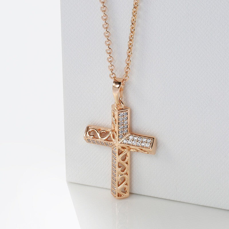 Luxus Kreuz Halskette mit Anhänger 585er Rosé Gold Walzgold Natürlicher Zirkon4
