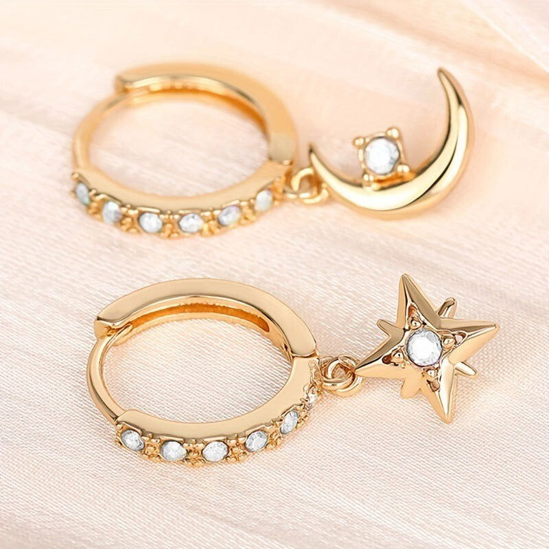 Luxus damen SternMondasymmetrische Gold Ohrringe strukturierte Temperament7