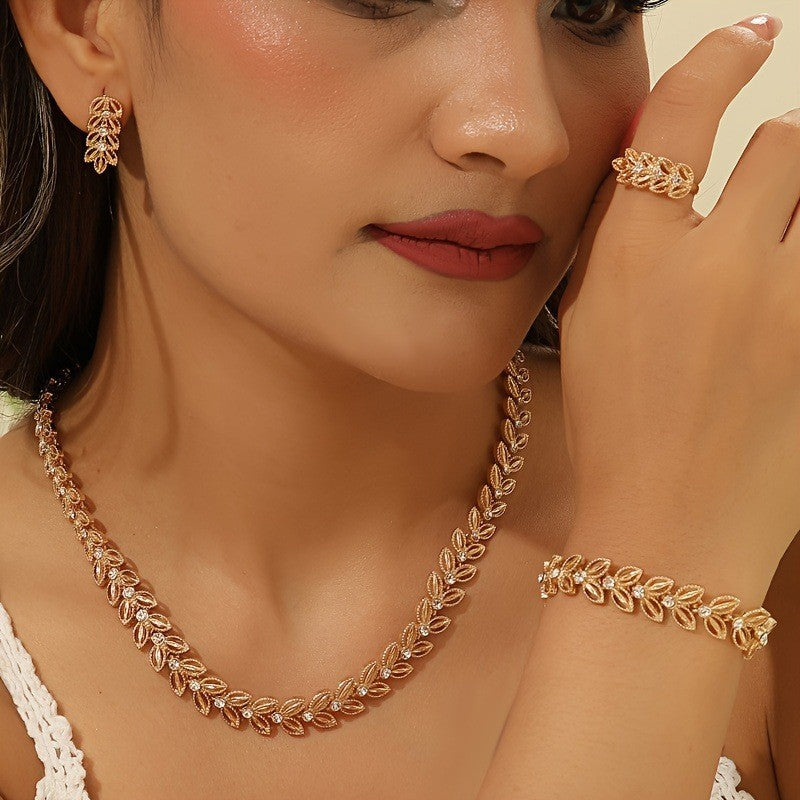 Schmuckset Damen Gold Halskette Armband Ohrringe Ring Strass Elegant Geschenk H0