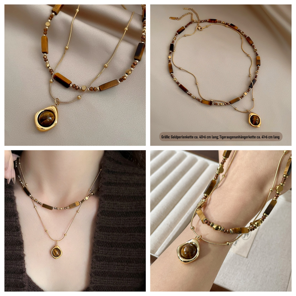 Zweireihige Perlenkette mit Tigerauge Anhänger,Elegante Gold Halskette Edelstahl0