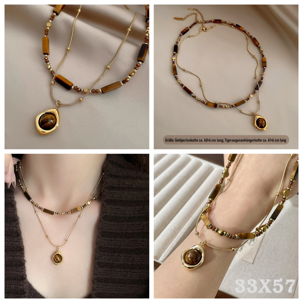 Zweireihige Perlenkette mit Tigerauge Anhänger,Elegante Gold Halskette Edelstahl19