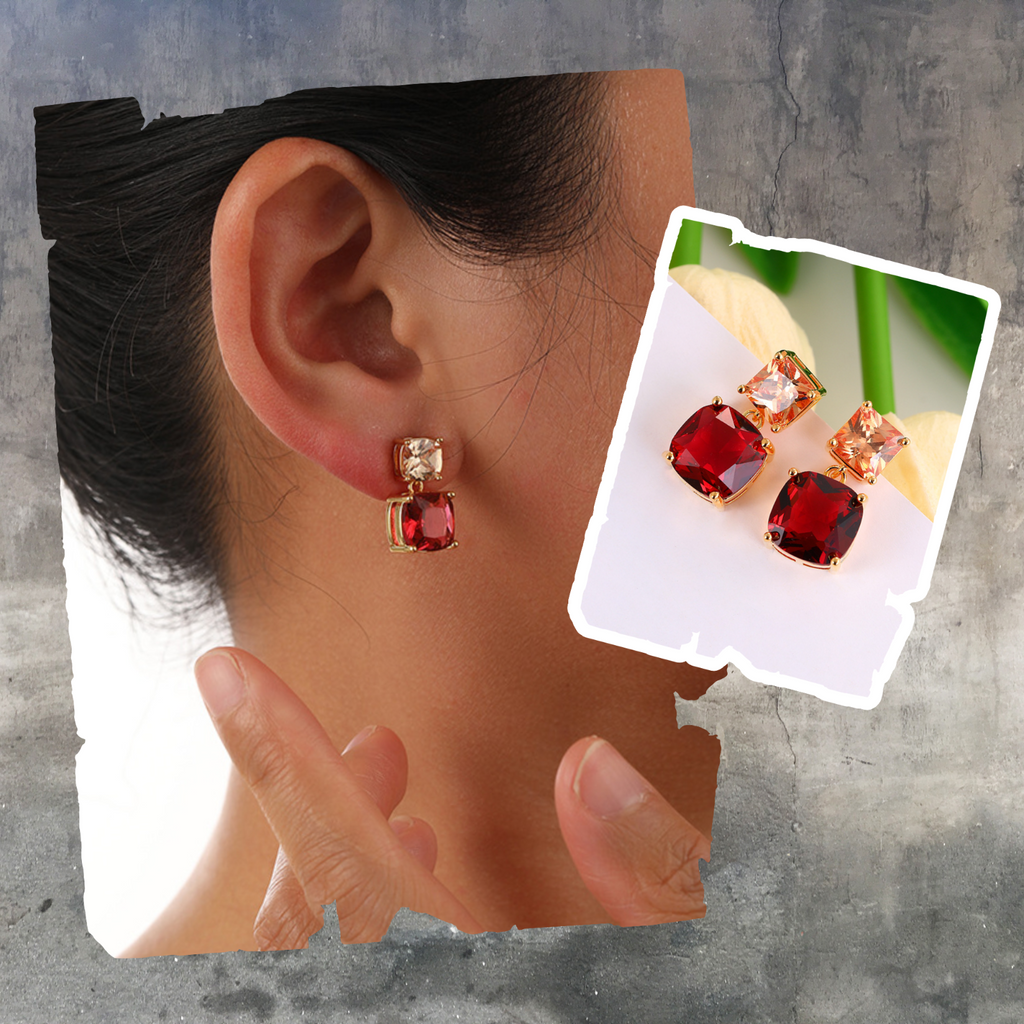 Ohrstecker in Rotgold-Optik mit tiefroten Zirkonia – Quadratisches Retro-Design8