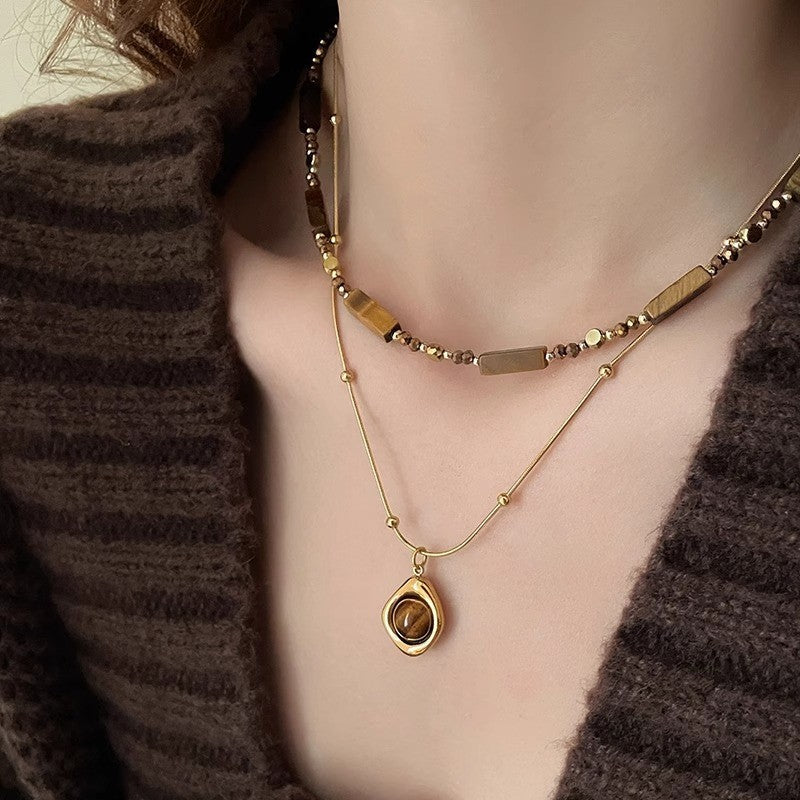 Zweireihige Perlenkette mit Tigerauge Anhänger,Elegante Gold Halskette Edelstahl7