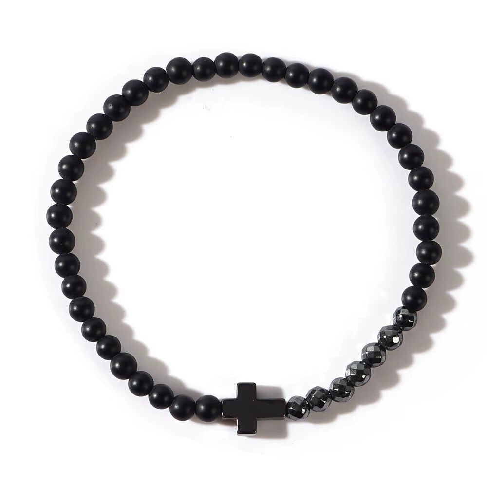 Armband Naturstein Achat  Kreuz Jesus Herren Damen Unisex Trend schwarz matt2