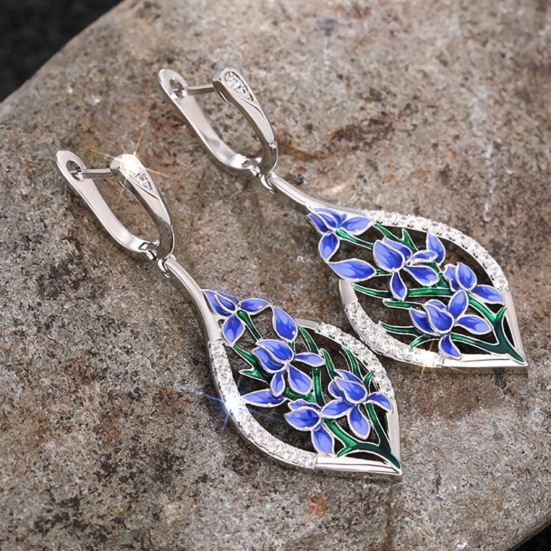 Blaue Blumen Ohrringe Damen Weißgold lang mit Emaille Design Schmuck9