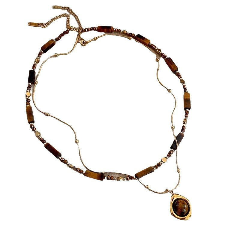 Zweireihige Perlenkette mit Tigerauge Anhänger,Elegante Gold Halskette Edelstahl2