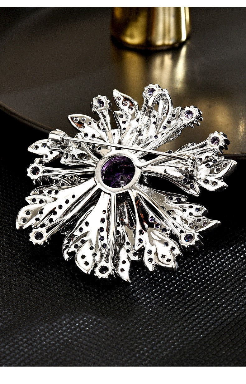 Luxus Damen Silber Brosche Sonnenblumen voller Lila Diamanten corsage temperame10