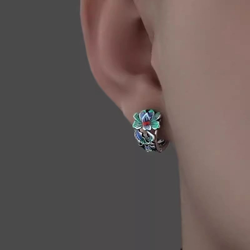 Herren Ohrringe Creole mit CloisonnéPfingstrosenmotiv, modisch und hochwertig,10