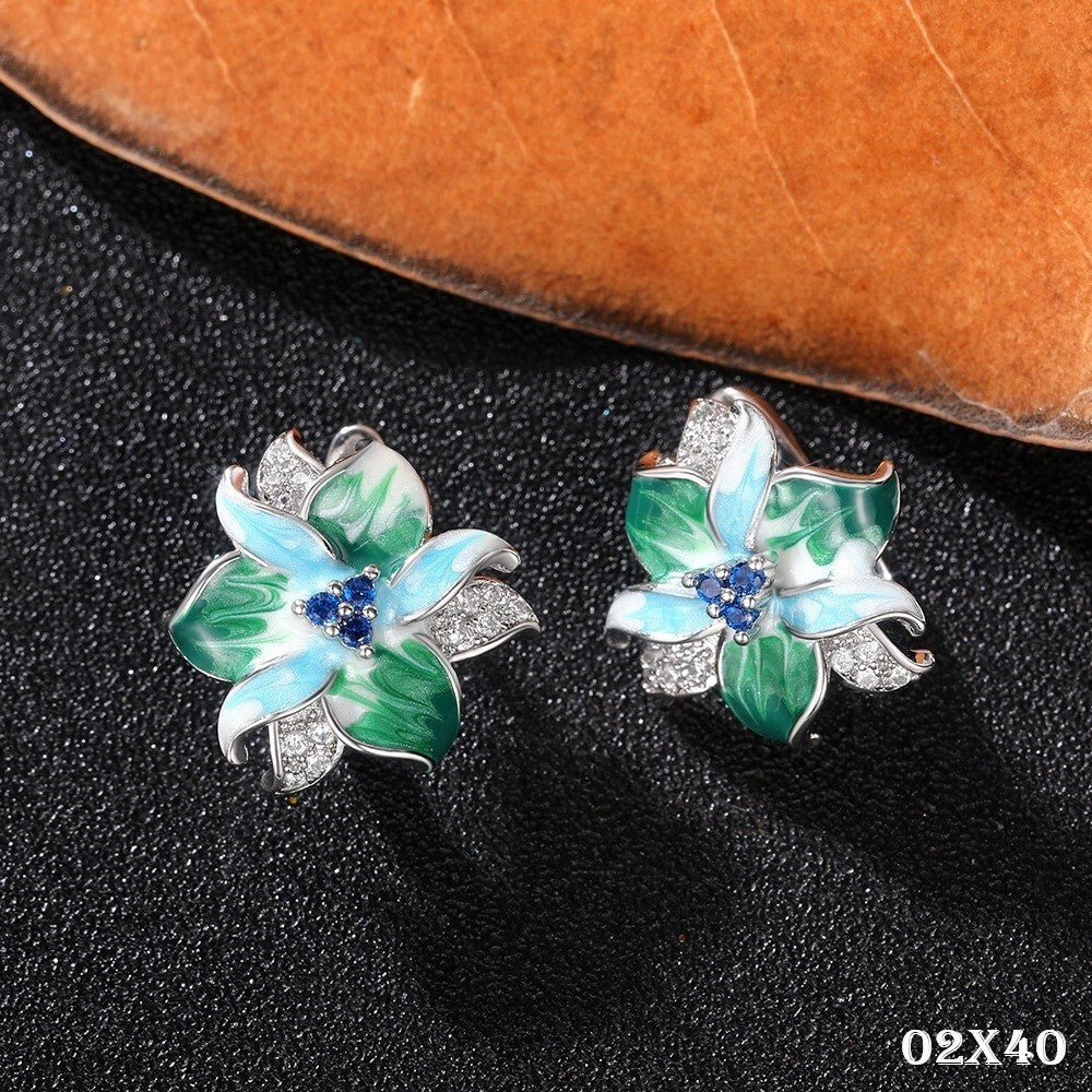 Luxus Damen Ohrringe grüne EmailleBlumenohrringe EpoxidZirkonOhrschnallen0